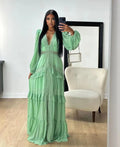 Vestido Longo Manga Longa Gola V Com Babados Verde