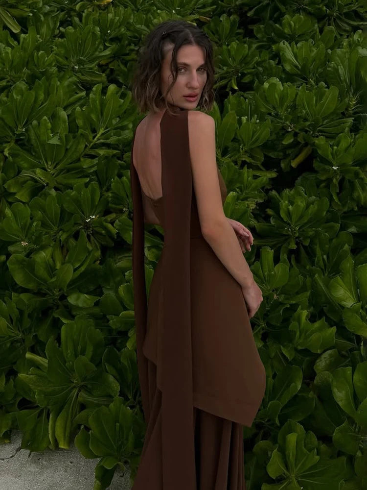 Vestido Longo Tomara Que Caia Assimétrico Sobreposto Marrom