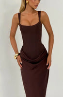 Vestido Longo Estilo Corset Com Alças Finas Marrom