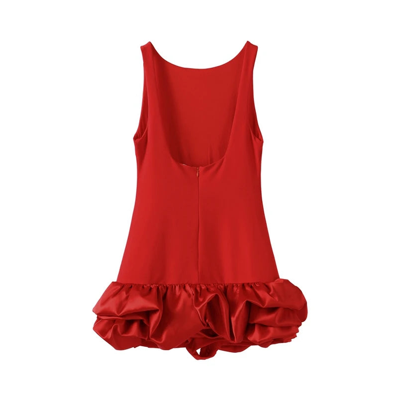 Vestido Curto Sem Manga Com Babados Em Cetim Preto