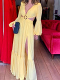 Vestido Longo Manga Longa Com Fenda em Musseline Rosa