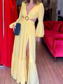 Vestido Longo Manga Longa Com Fenda em Musseline Rosa