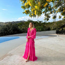 Vestido Longo Manga Longa Gola V Com Babados Rosa