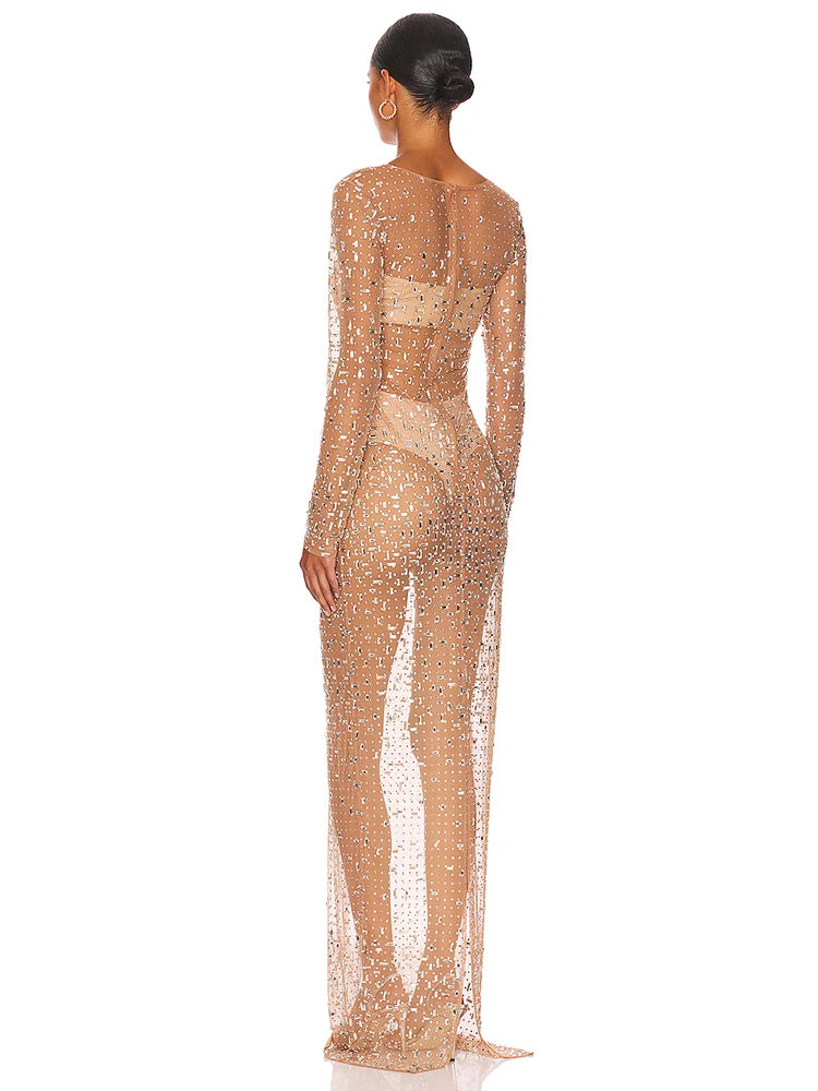 Vestido Longo Segunda Pele Com Strass Nude