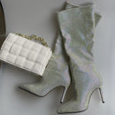 Bota Bico Fino Cano Alto 9cm Com Strass Preto