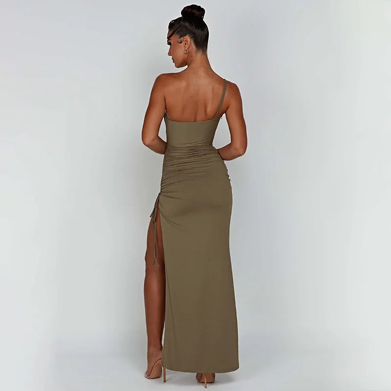 Vestido Longo Um Ombro Só Com Fenda Drapeado