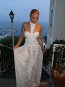 Vestido Longo Todo Rendado Com Babados Branco