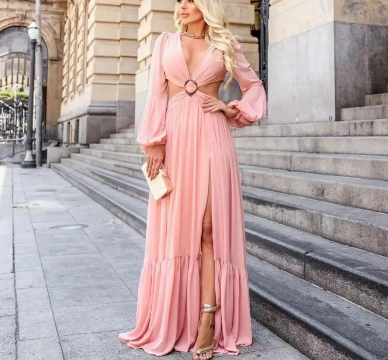 Vestido Longo Manga Longa Com Fenda em Musseline Rosa