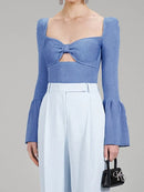 Blusa De Malha Premium Decote Borboleta Manga Longa Com Babados Preto