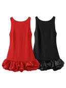 Vestido Curto Sem Manga Com Babados Em Cetim Preto