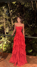 Vestido Longo de Festa Tomara que Caia Com Babados Vermelho