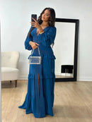 Vestido Longo Manga Longa Gola V Com Babados Rosa