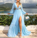 Vestido Longo Manga Longa Com Fenda em Musseline Rosa