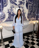 Vestido Longo Manga Longa Gola V Com Babados Rosa