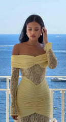 Vestido Longo Estilo Sereia Ombro a Ombro Amarelo