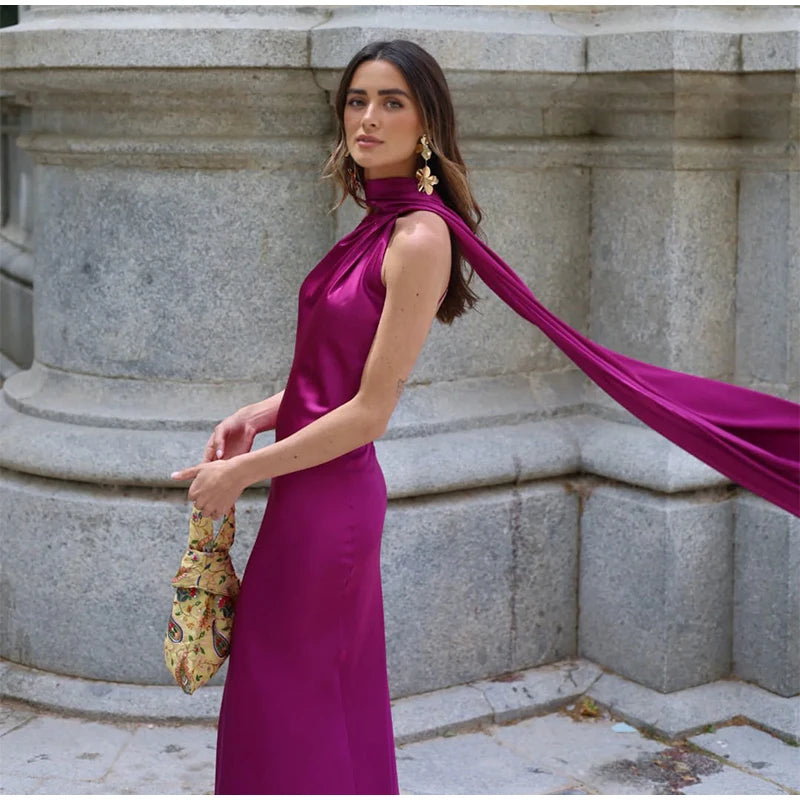 Vestido Longo Cetim Um Ombro Só Com Amarração No Pescoço Amarelo