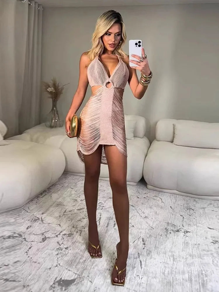 Vestido Curto De Tricô Com Franjas Rosa