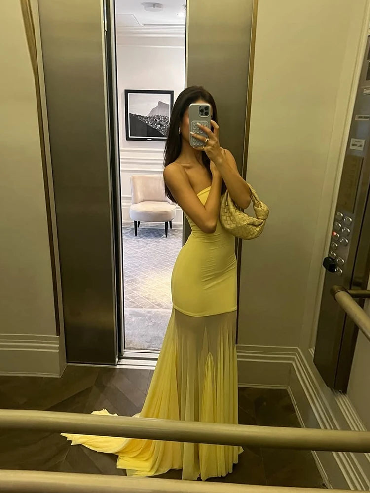 Vestido Longo Tomara Que Caia Sobreposto Em Chiffon Amarelo