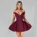 Vestido Curto Rodado Decote Ombro a Ombro Vinho