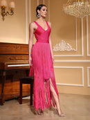 Vestido Longo De Malha Todo Em Franjas Pink