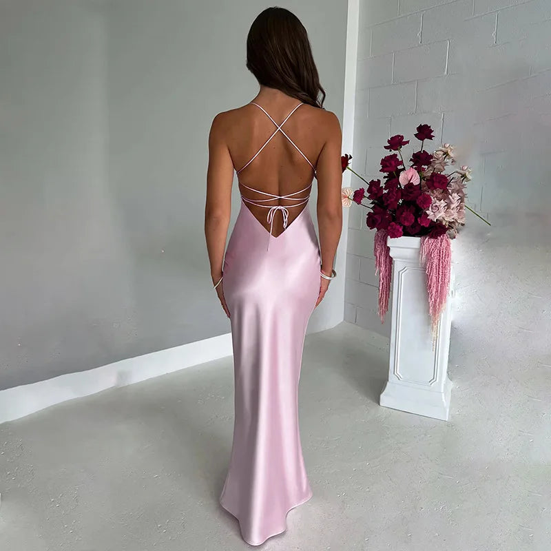 Vestido Longo De Cetim Decote Coração Azul