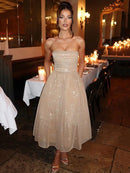 Vestido Midi Rodado Tomara Que Caia Em Lurex Brilhoso Preto