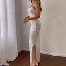 Vestido Longo Com Brilho Alça Fina Com Fenda Branco
