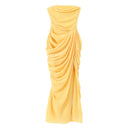 Vestido Longo Tomara Que Caia Com Fenda Drapeado Amarelo
