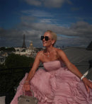 Vestido Midi Rodado Flores 3D Rosa