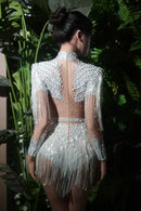 Macaquinho De Tule Manga Longa Com Pedrarias e Franjas