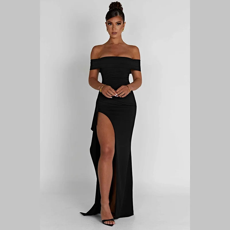 Vestido Ombro A Ombro Com Fenda Preto