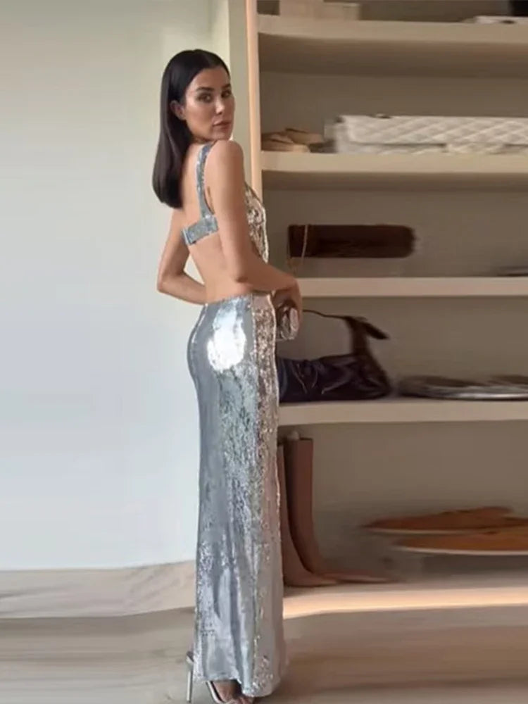 Vestido Longo De Paetês Com Alça Média Vermelho