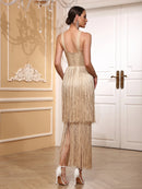 Vestido Longo De Malha Todo Em Franjas Pink