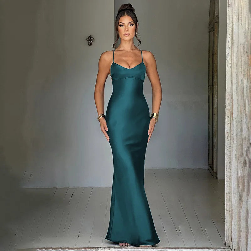 Vestido Longo De Cetim Decote Coração Azul