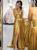 Vestido Longo Metalizado Plissado Dourado