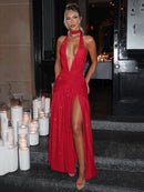 Vestido Longo Todo em Lurex Brilhoso Com Fenda Frontal Bege