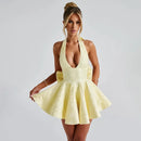 Vestido Curto Rodado Decote V Com Laço Amarelo