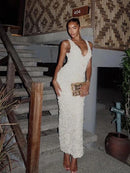 Vestido Longo Com Fenda Flores 3D Off White