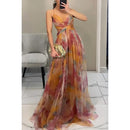 Vestido Longo Em Tule Com Alça Fina Estampa Floral Verde