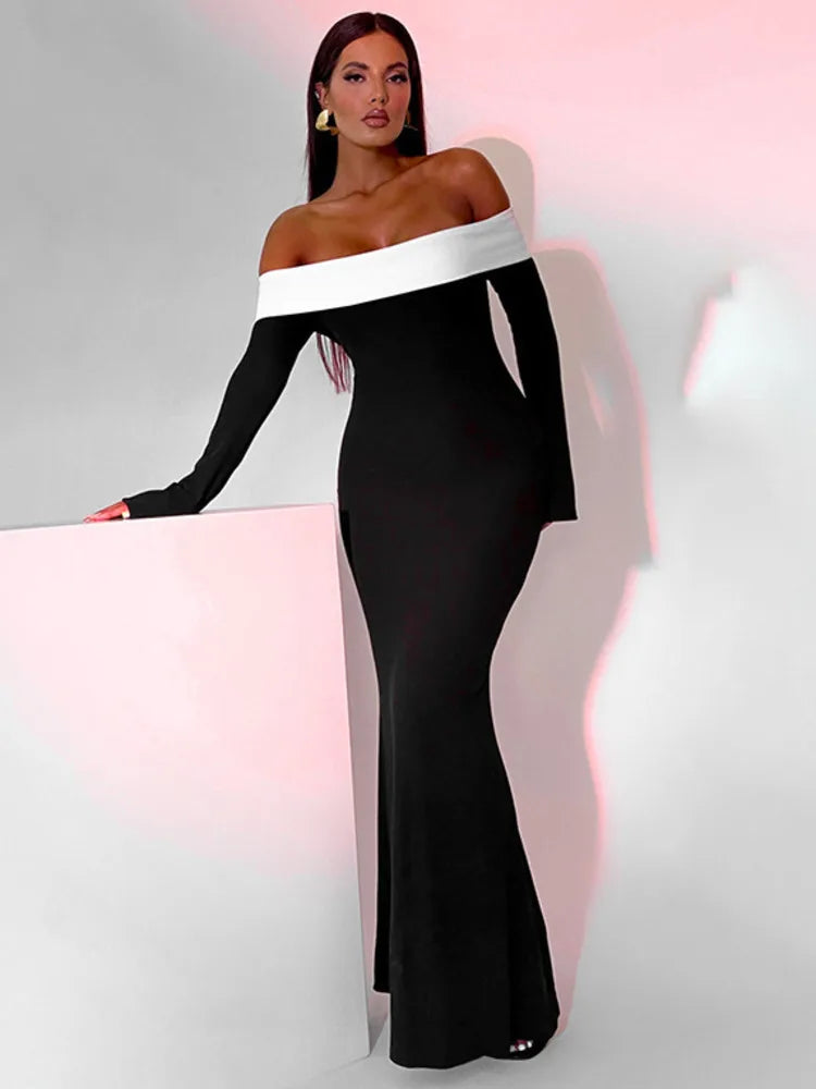 Vestido Longo Ombro a Ombro Com Manga Longa Preto