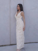 Vestido Longo Com Fenda Flores 3D Off White
