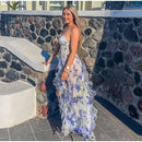 Vestido Longo Com Babados Alça Fina Floral