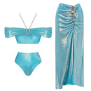 Conjunto 3 Peças Biquini e Saia Acetinado Azul Royal