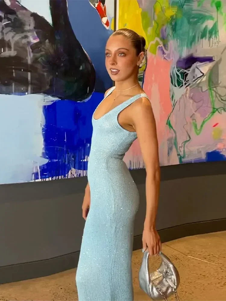 Vestido Longo Alça Média Lurex Brilhoso