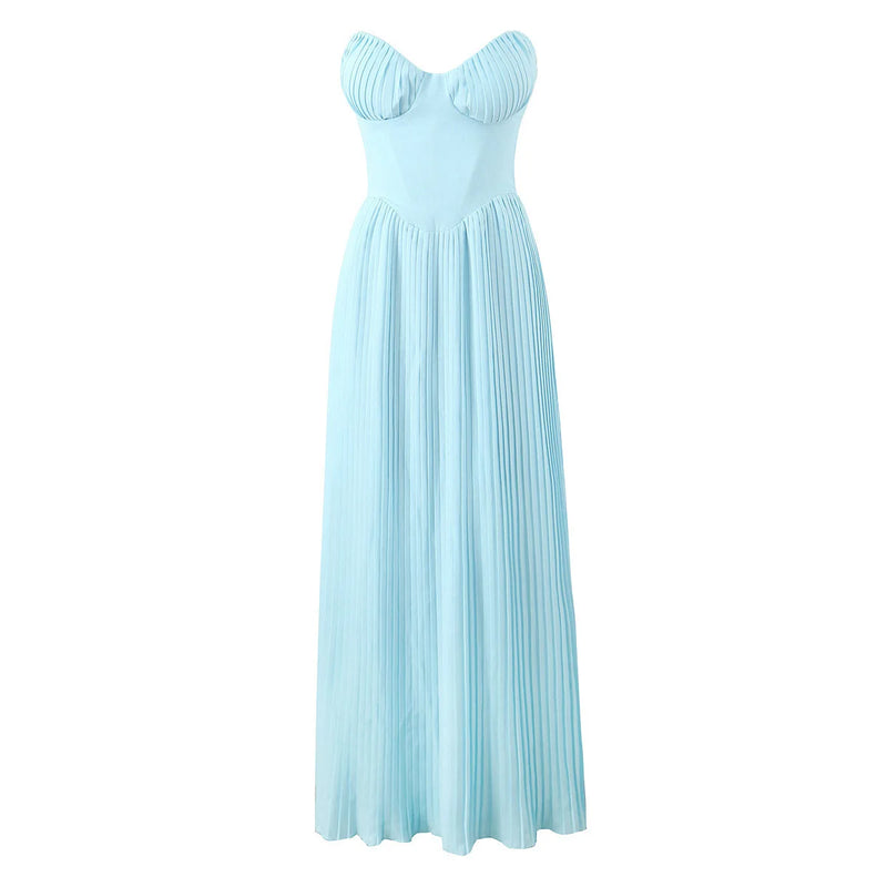Vestido Longo Chiffon Plissado Tomara Que Caia Azul Ciano