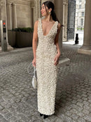 Vestido Longo Com Fenda Flores 3D Off White