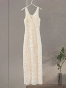 Vestido Longo Com Fenda Flores 3D Off White