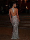 Vestido Longo Translucido Gola Solta Com Brilho Preto