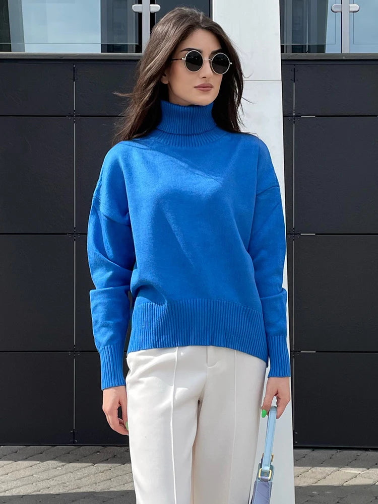 Suéter Tricô Manga Longa Gola Alta Azul Claro