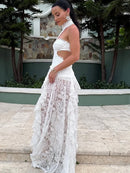 Vestido Longo Todo Rendado Com Babados Branco